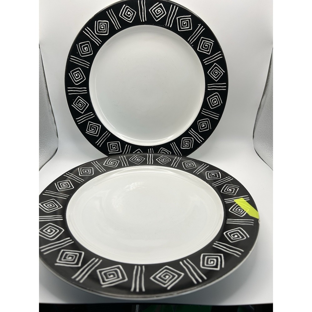 Sakura Sphinx Sue Zipkin Dinner Plates Set of 2 11"Black White Stoneware 1993